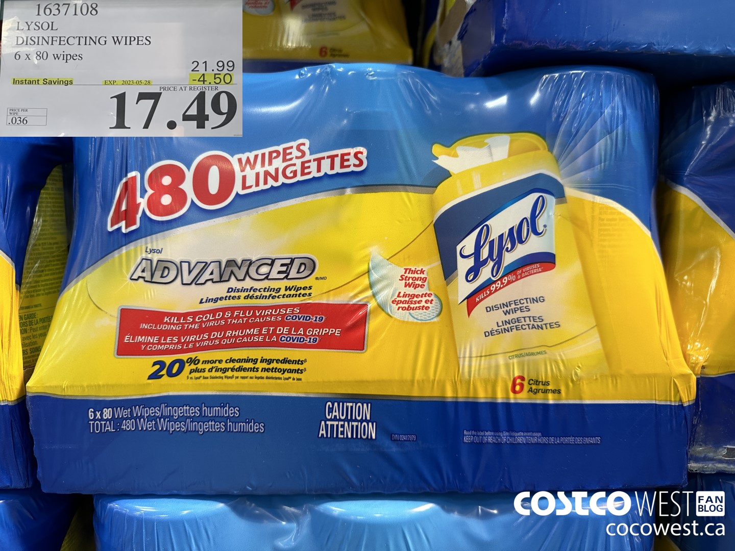 1637108 LYSOL DISINFECTING WIPES 6 X 80 WIPES ($4.50 INSTANT SAVINGS EXPIRES ON 2023-05-28) $17.49