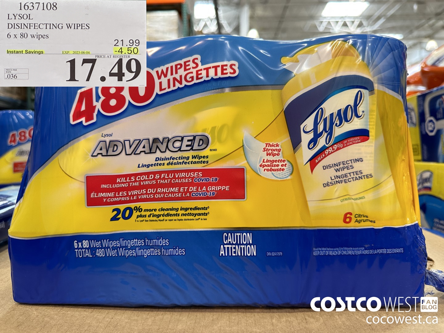 1637108 LYSOL DISINFECTING WIPES 6 X 80 WIPES ($4.50 INSTANT SAVINGS EXPIRES ON 2023-06-04) $17.49