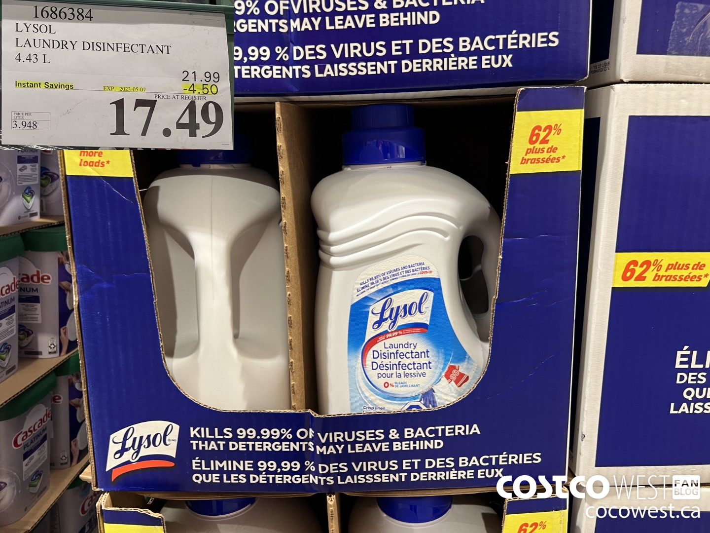 1686384 LYSOL LAUNDRY DISINFECTANT 4.43 L ($4.50 INSTANT SAVINGS EXPIRES ON 2023-05-07) $17.49
