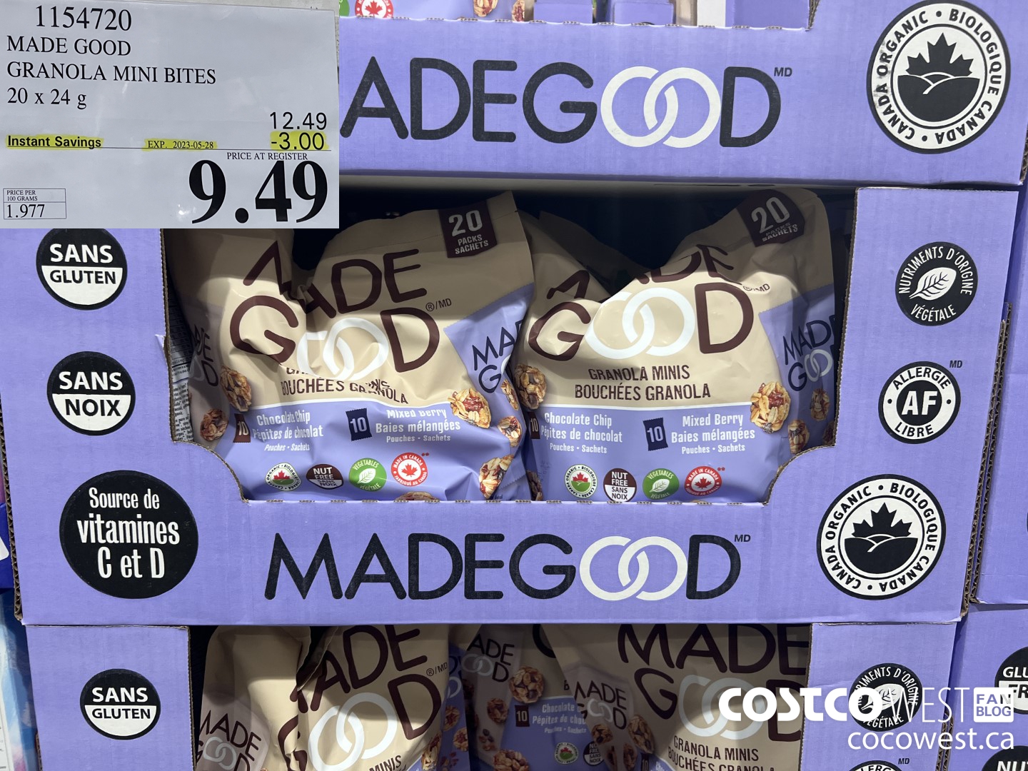 1154720 MADE GOOD ORGANIC GRANOLA MINI BITES 20 x 24 g ($3.00 INSTANT SAVINGS EXPIRES ON 2023-05-28) $9.49