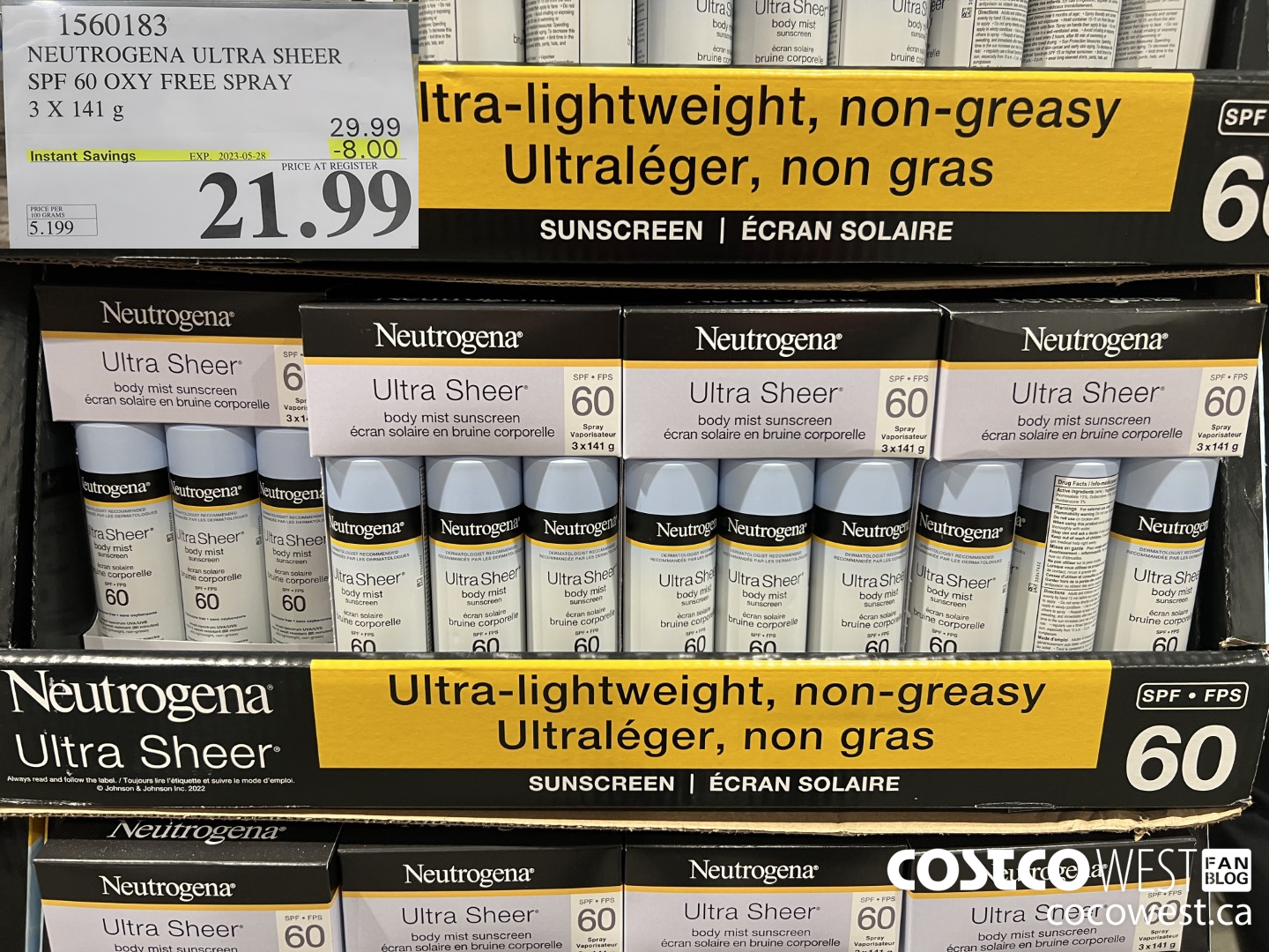 1560183 NEUTROGENA ULTRA SHEER SPF 60 OXY FREE SPRAY 3 X 141 g ($8.00 INSTANT SAVINGS EXPIRES ON 2023-05-28) $21.99