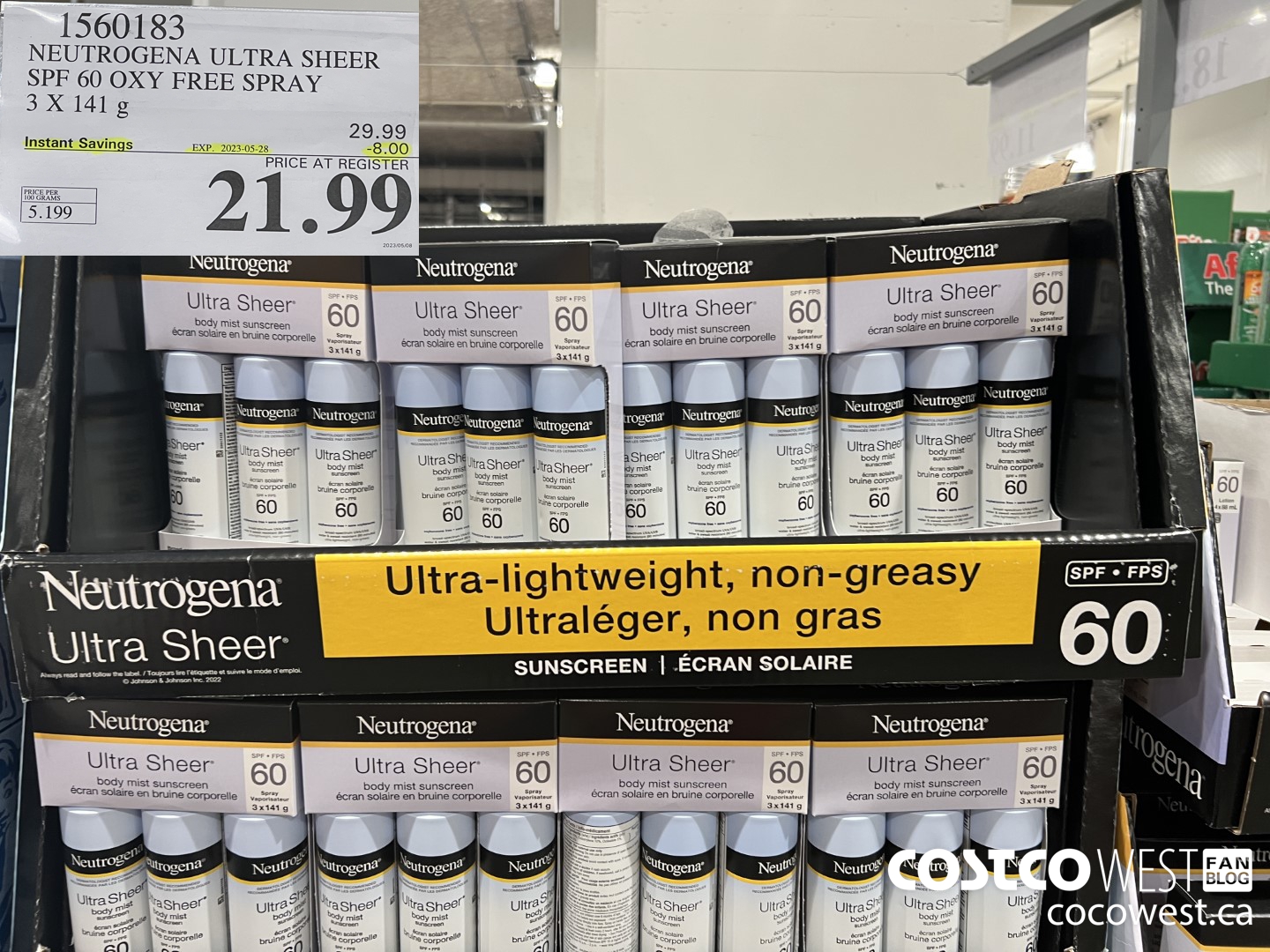 1560183 NEUTROGENA ULTRA SHEER SPF 60 OXY FREE SPRAY 3 X 141 g ($8.00 INSTANT SAVINGS EXPIRES ON 2023-05-28) $21.99