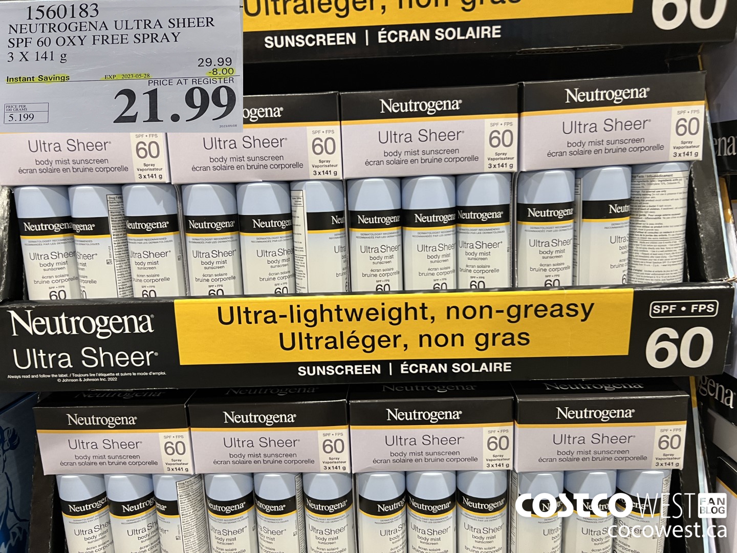 1560183 NEUTROGENA ULTRA SHEER SPF 60 OXY FREE SPRAY 3 X 141 g ($8.00 INSTANT SAVINGS EXPIRES ON 2023-05-28) $21.99