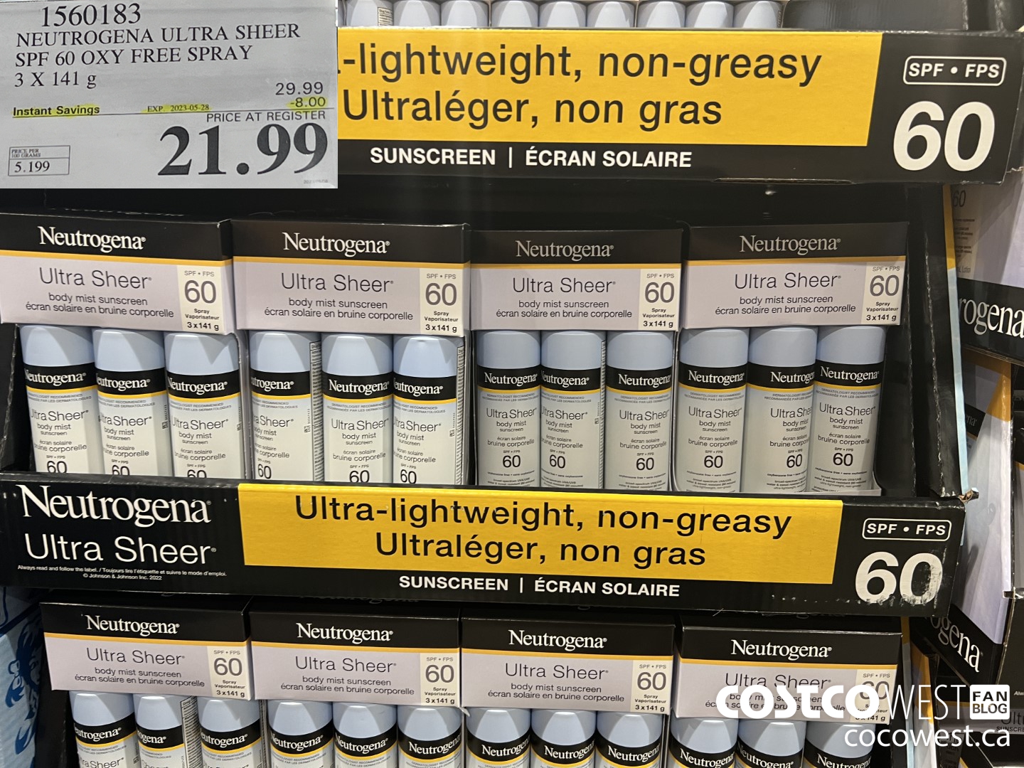 1560183 NEUTROGENA ULTRA SHEER SPF 60 OXY FREE SPRAY 3 X 141 g ($8.00 INSTANT SAVINGS EXPIRES ON 2023-05-28) $21.99