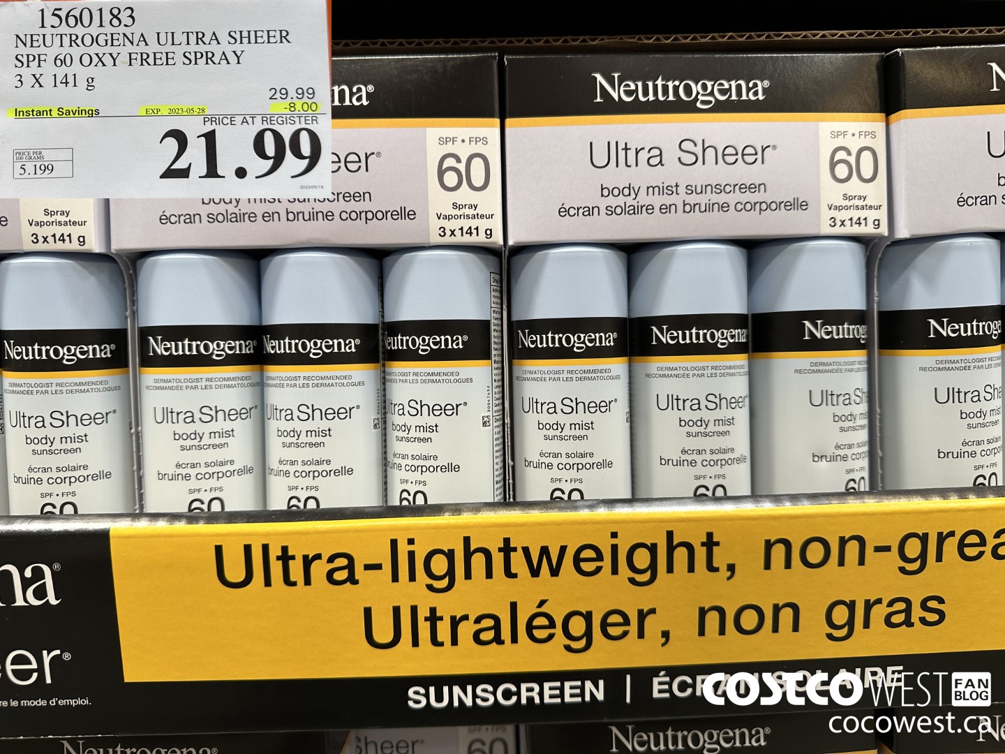 1560183 NEUTROGENA ULTRA SHEER SPF 60 OXY FREE SPRAY 3 X 141 g ($8.00 INSTANT SAVINGS EXPIRES ON 2023-05-28) $21.99
