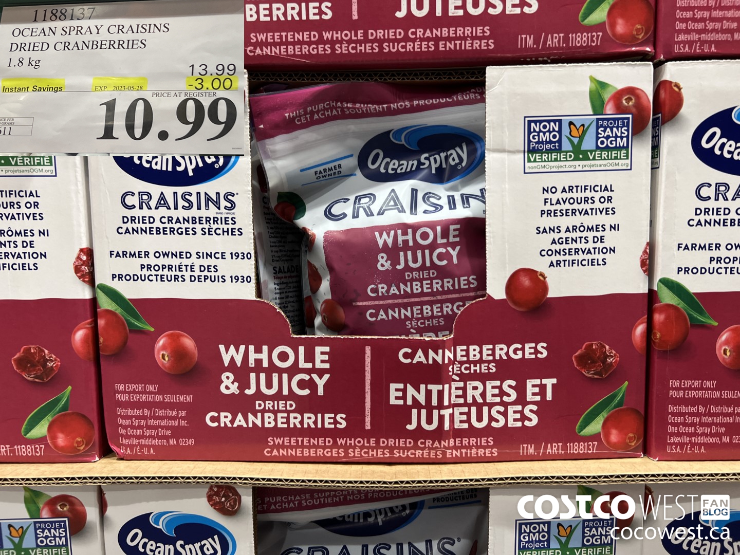 1188137 OCEAN SPRAY CRAISINS 1.8 KG ($3.00 INSTANT SAVINGS EXPIRES ON 2023-05-28) $10.99