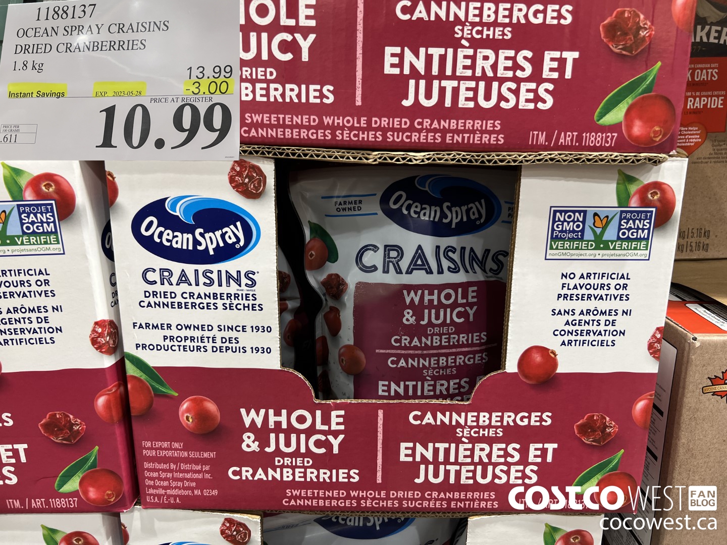 1188137 OCEAN SPRAY CRAISINS DRIED CRANBERRIES 1.8 KG ($3.00 INSTANT SAVINGS EXPIRES ON 2023-05-28) $10.99
