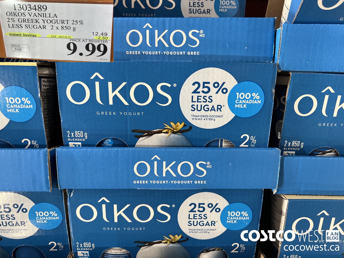 1303489 OIKOS VANILLA 2 % GREEK YOGURT 25% LESS SUGAR 2 x 850 g ($2.50 INSTANT SAVINGS EXPIRES ON 2023-05-21) $9.99