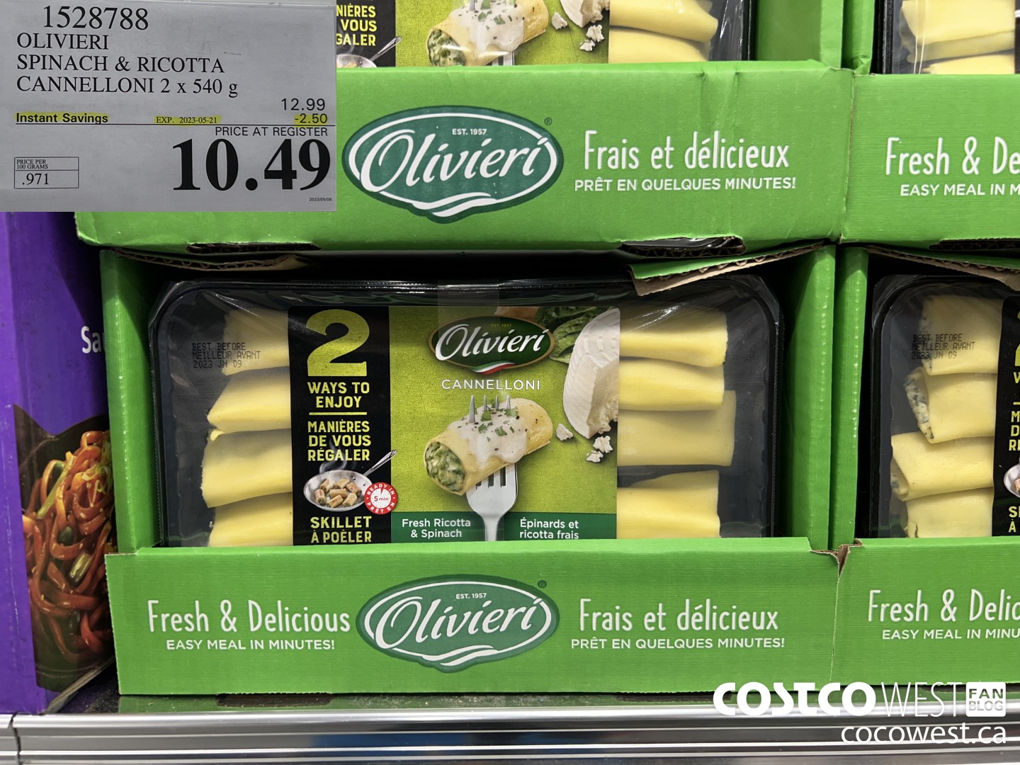 1528788 OLIVIERI SPINACH & RICOTTA CANNELLONI 2 x 540 g ($2.50 INSTANT SAVINGS EXPIRES ON 2023-05-21) $10.49