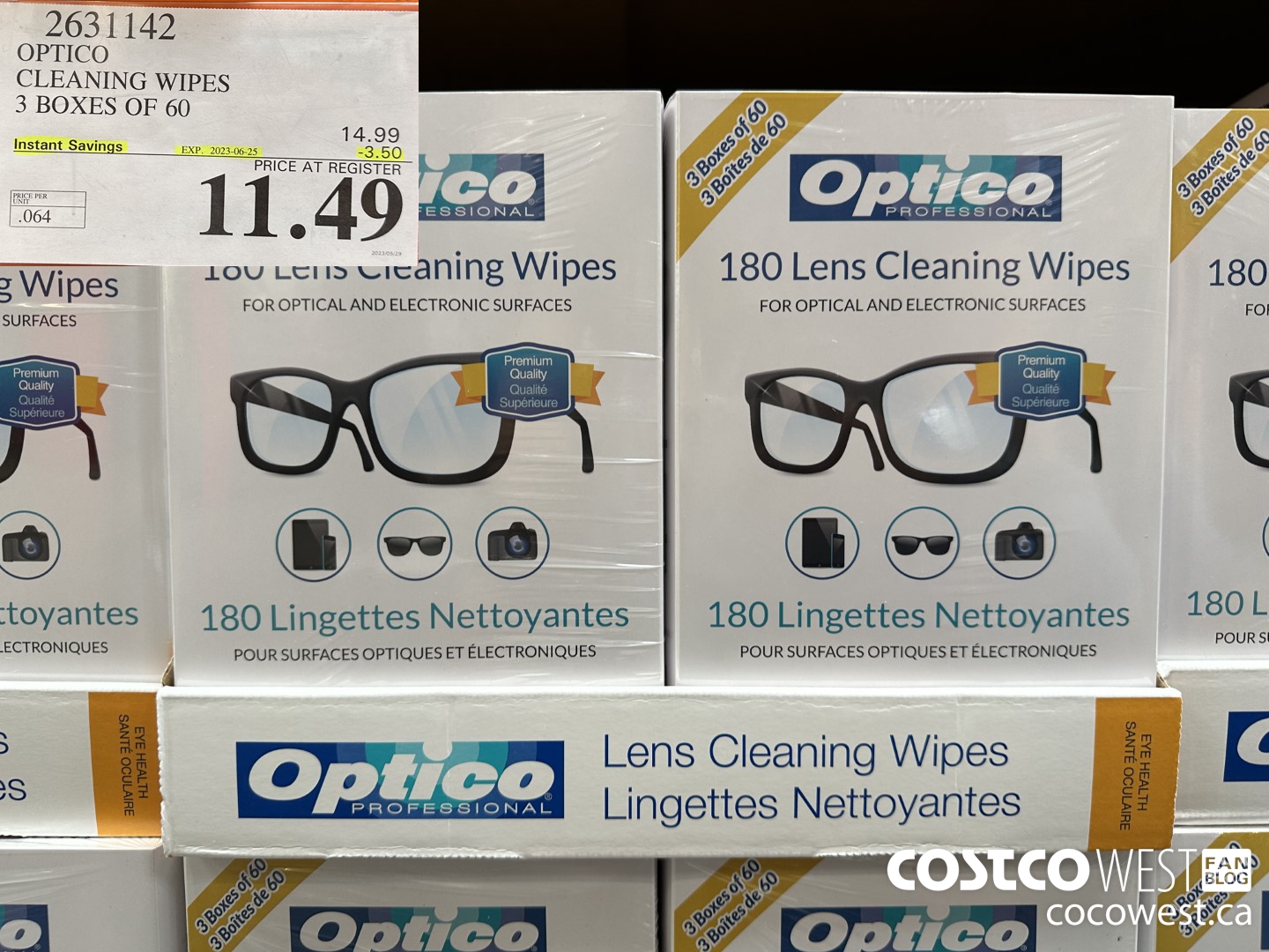 2631142 OPTICO CLEANING WIPES 3 BOXES OF 60 ($3.50 INSTANT SAVINGS EXPIRES ON 2023-06-25) $11.49