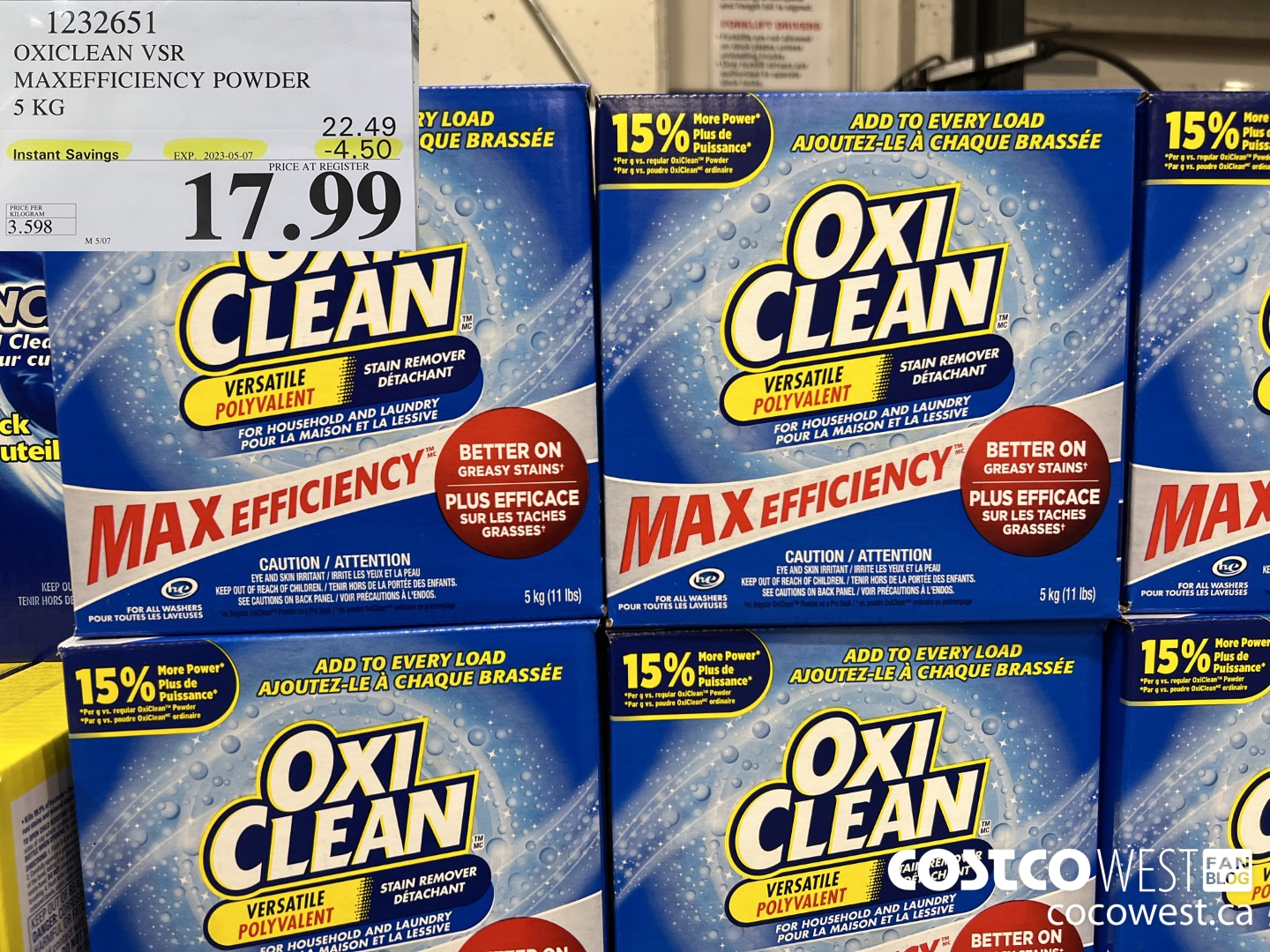 1232651 OXICLEAN VSR MAXEFFICIENCY POWDER 5 KG ($4.50 INSTANT SAVINGS EXPIRES ON 2023-05-07) $17.99