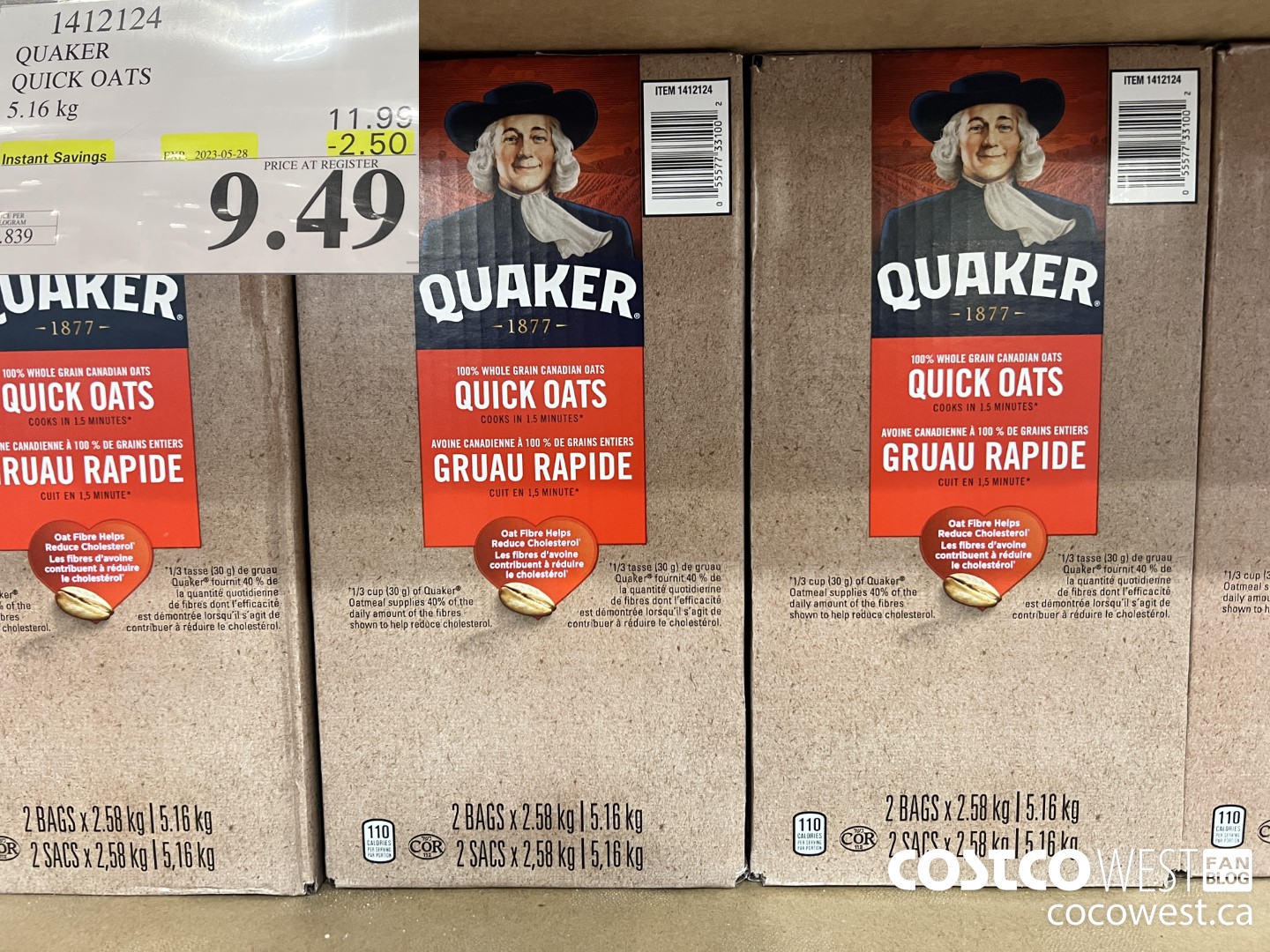 1412124 QUAKER QUICK OATS 5.16 kg ($2.50 INSTANT SAVINGS EXPIRES ON 2023-05-28) $9.49