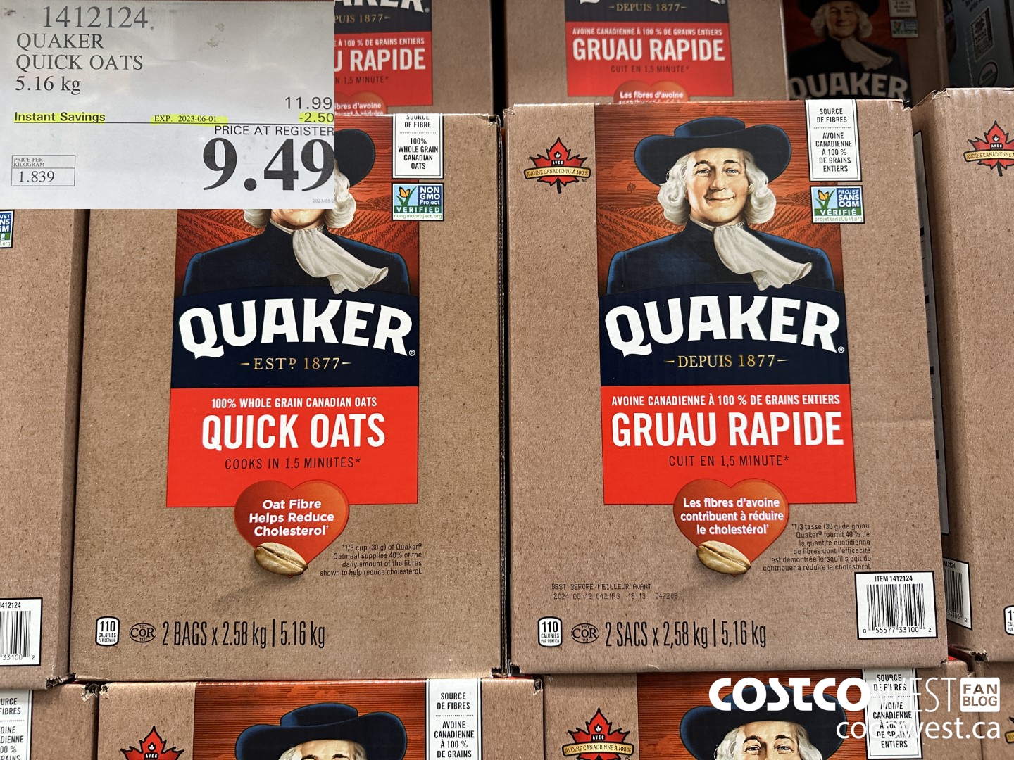 1412124 QUAKER QUICK OATS 5.16 kg ($2.50 INSTANT SAVINGS EXPIRES ON 2023-06-01) $9.49