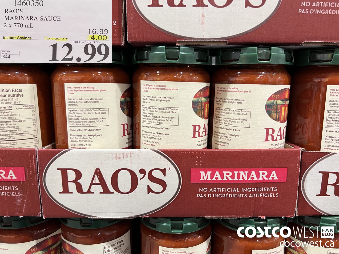 1460350 RAO'S MARINARA SAUCE 2 x 770mL ($4.00 INSTANT SAVINGS EXPIRES ON 2023-05-28) $12.99
