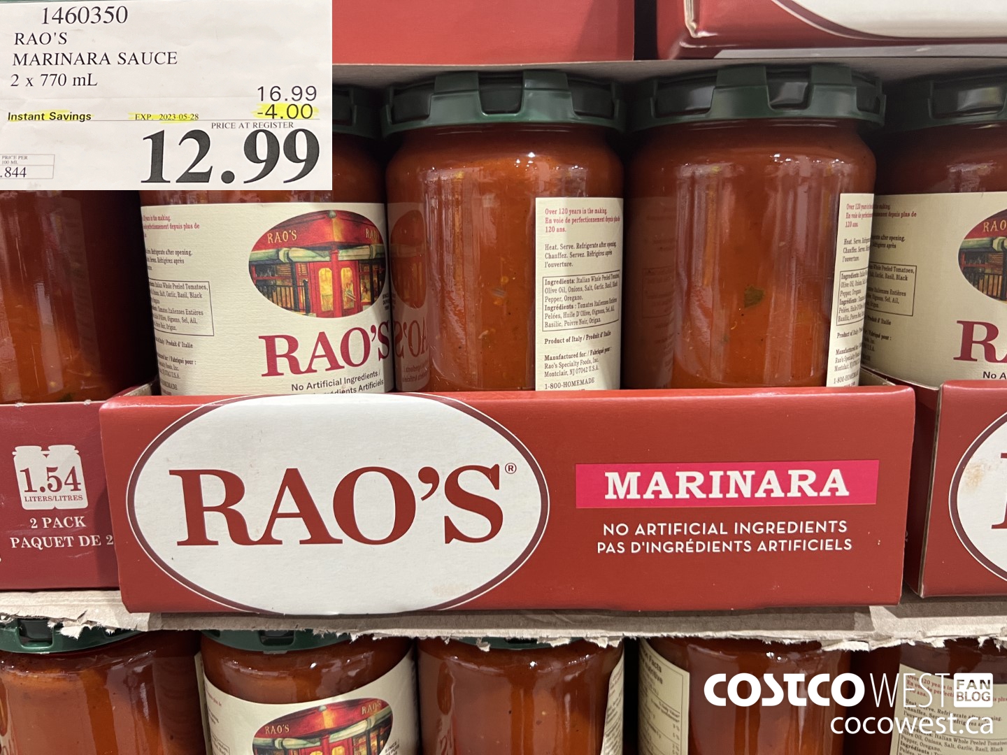 1460350 RAO'S MARINARA SAUCE 2 x 770mL ($4.00 INSTANT SAVINGS EXPIRES ON 2023-05-28) $12.99