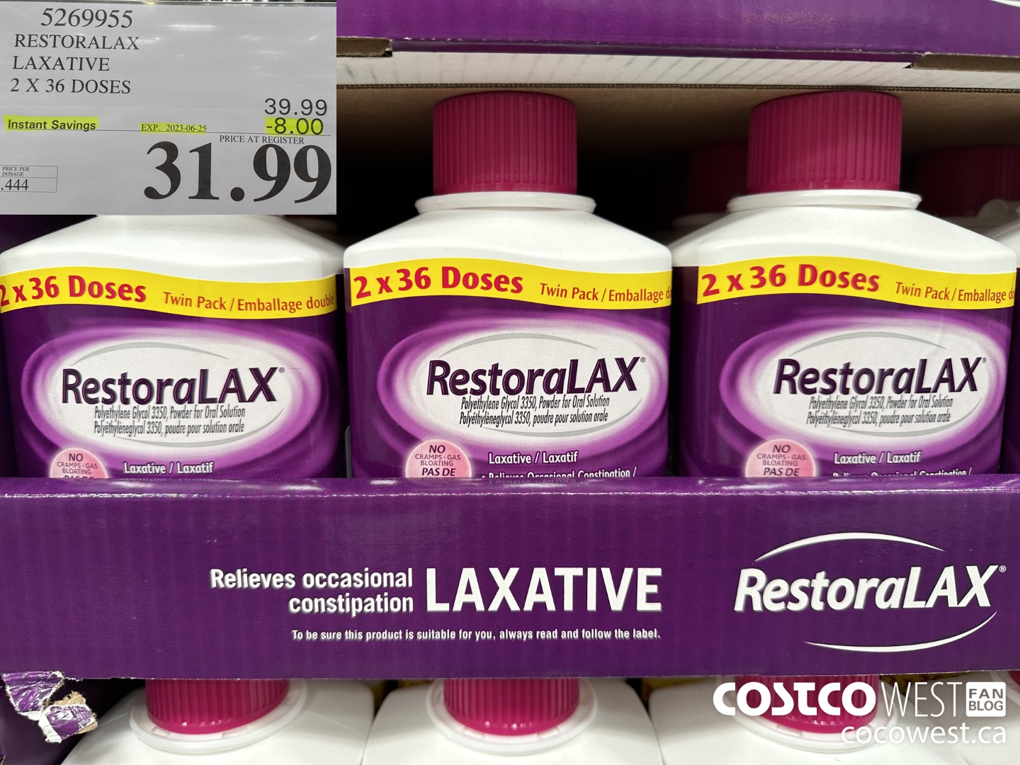 5269955 RESTORALAX LAXATIVE 2 X 36 DOSES ($8.00 INSTANT SAVINGS EXPIRES ON 2023-06-25) $31.99