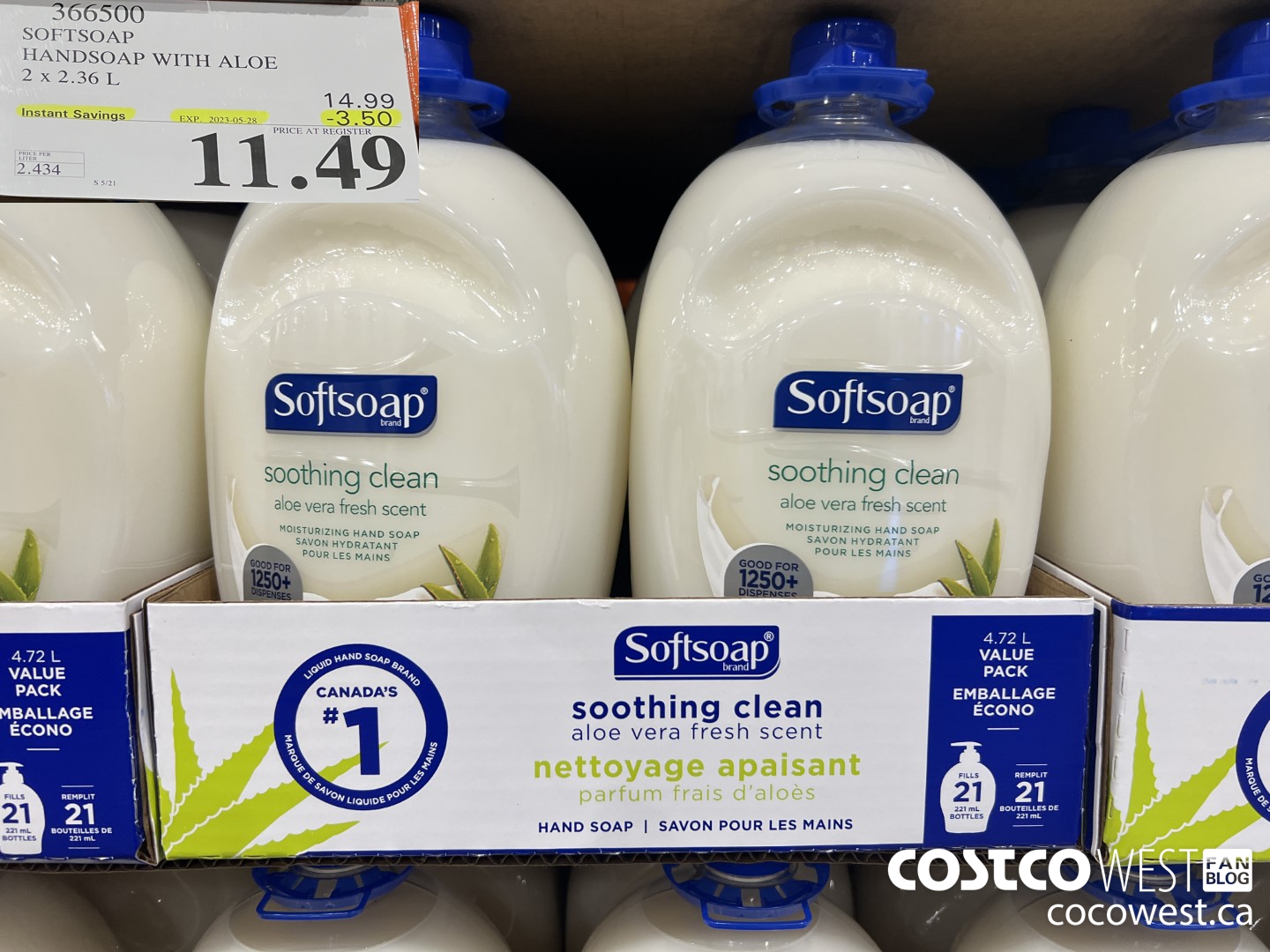 366500 SOFTSOAP HANDSOAP WITH ALOE 2 X 2.36L ($3.50 INSTANT SAVINGS EXPIRES ON 2023-05-28) $11.49