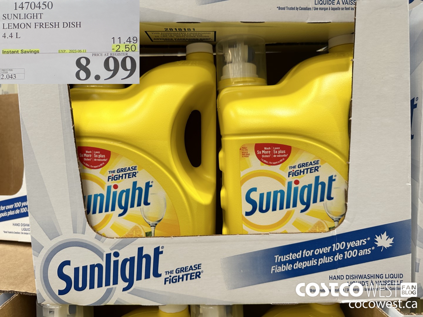 1470450 SUNLIGHT LEMON FRESH DISH 4.4L ($2.50 INSTANT SAVINGS EXPIRES ON 2023-06-11) $8.99