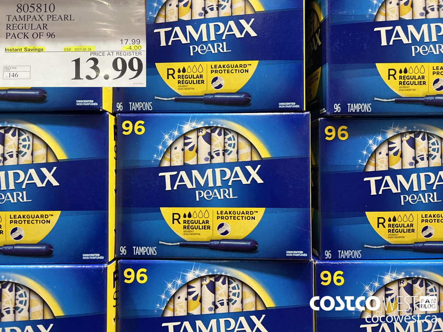 805810 TAMPAX PEARL REGULAR PACK OF 96 ($4.00 INSTANT SAVINGS EXPIRES ON 2023-05-28) $13.99