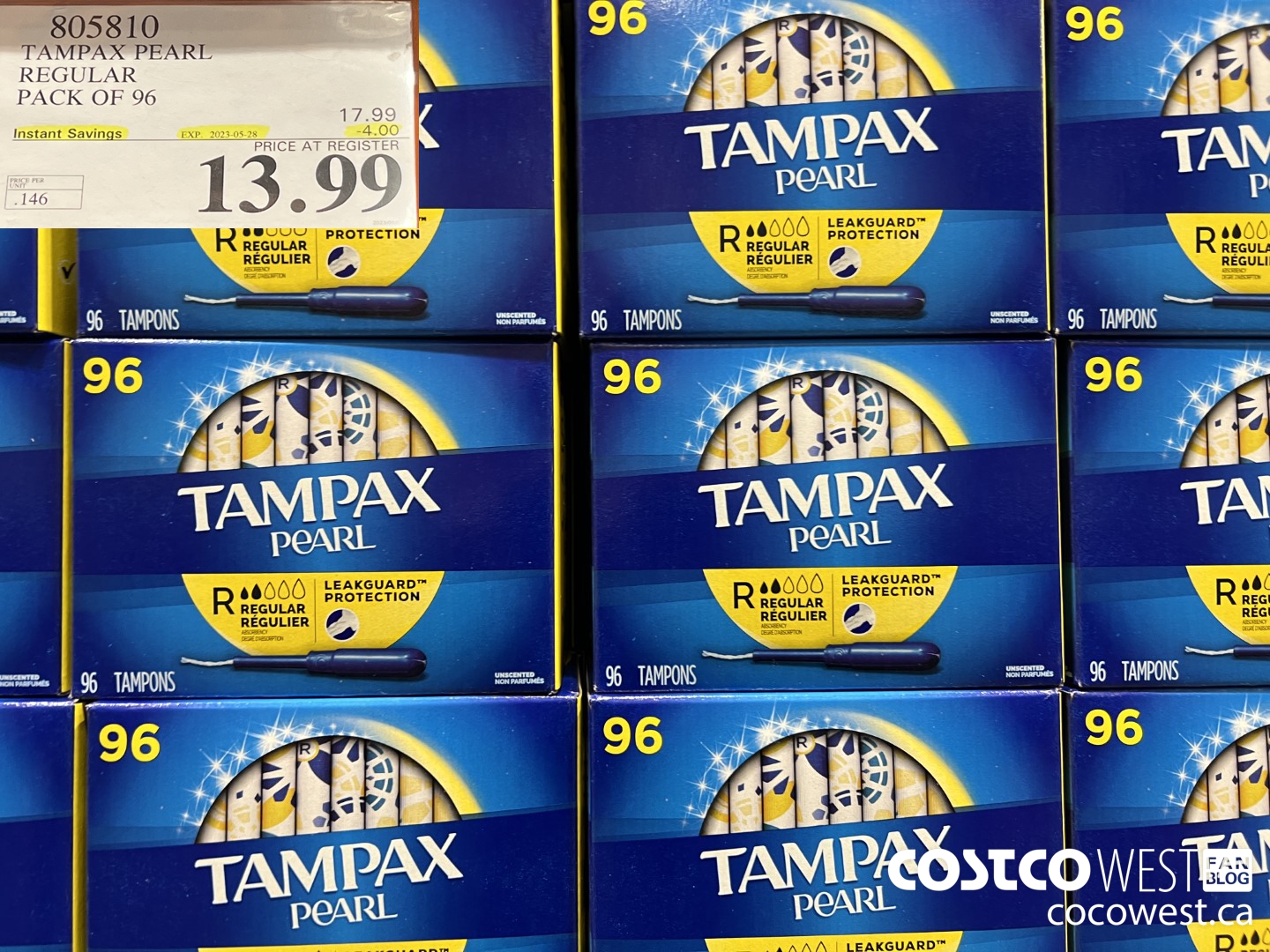 805810 TAMPAX PEARL REGULAR PACK OF 96 ($4.00 INSTANT SAVINGS EXPIRES ON 2023-05-28) $13.99