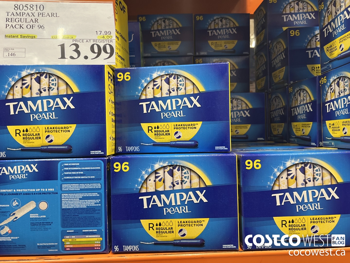 805810 TAMPAX PEARL REGULAR PACK OF 96 ($4.00 INSTANT SAVINGS EXPIRES ON 2023-05-28) $13.99