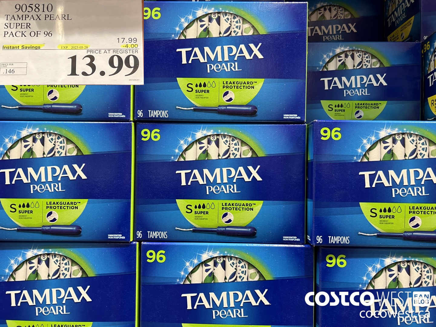 905810 TAMPAX PEARL SUPER PACK OF 96 ($4.00 INSTANT SAVINGS EXPIRES ON 2023-05-28) $13.99