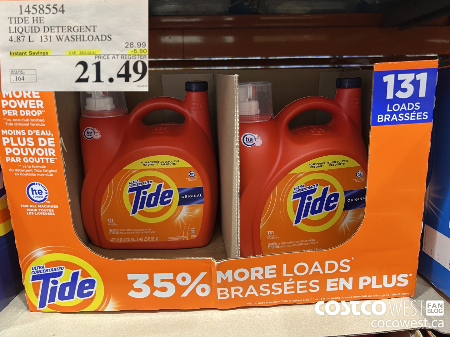 1458554 TIDE HE LIQUID DETERGENT 4.87 L 131 WASHLOADS ($5.50 INSTANT SAVINGS EXPIRES ON 2023-05-21) $21.49