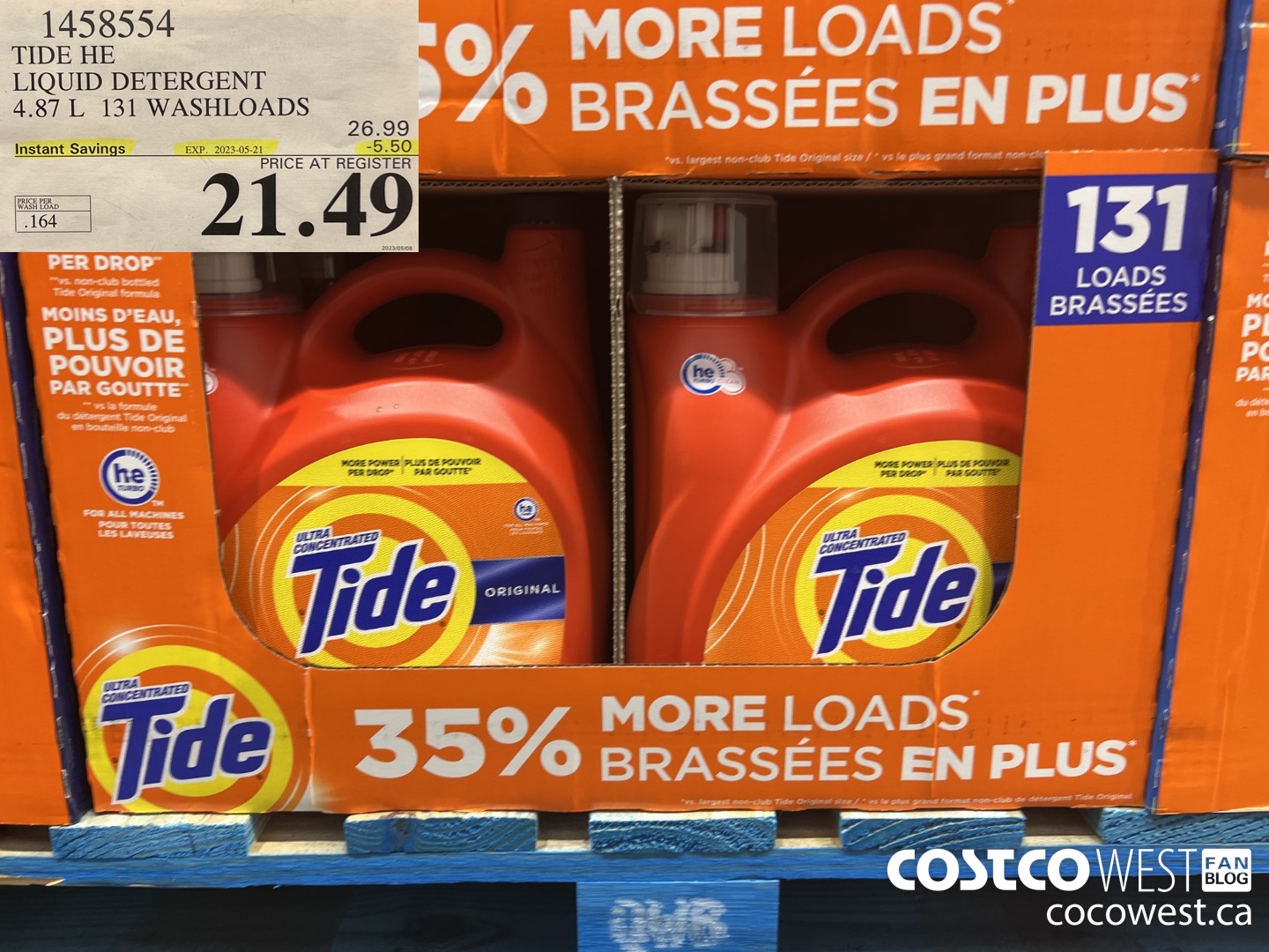 1458554 TIDE HE LIQUID DETERGENT 4.87 L 131 WASHLOADS ($5.50 INSTANT SAVINGS EXPIRES ON 2023-05-21) $21.49