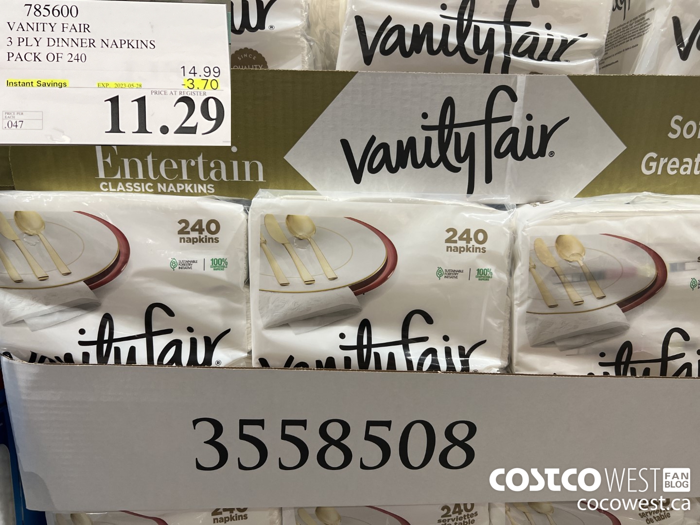 785600 VANITY FAIR 3 PLY DINNER NAPKINS PACK OF 240 ($3.70 INSTANT SAVINGS EXPIRES ON 2023-05-28) $11.29