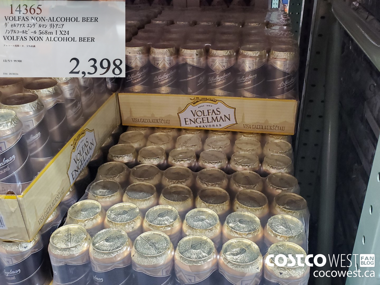 14365 VOLFAS NON ALCOHOL BEER 568ML X 24 $2398.00