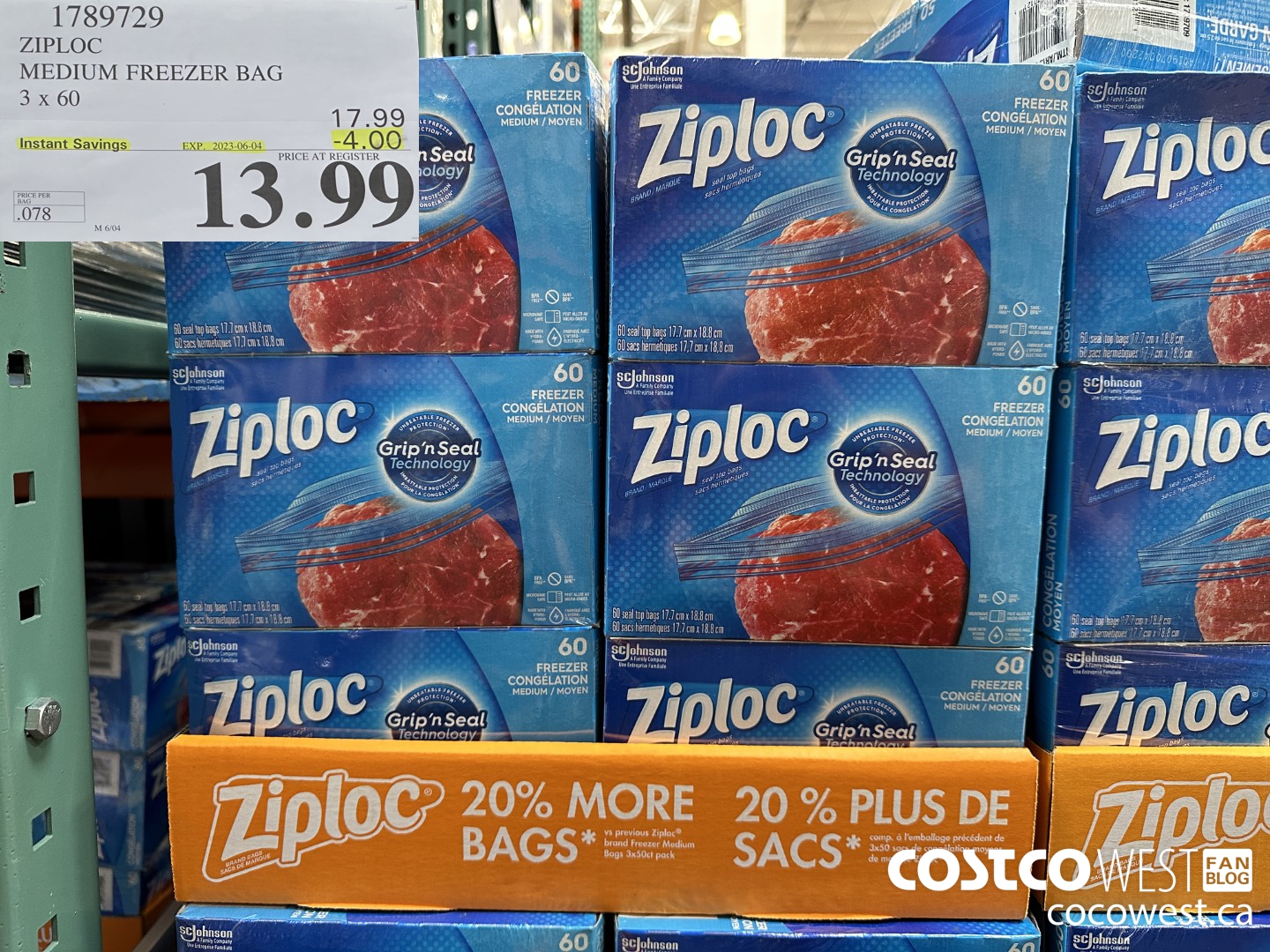 1789729 ZIPLOC MEDIUM FREEZER BAG 3 x 60 ($4.00 INSTANT SAVINGS EXPIRES ON 2023-06-04) $13.99