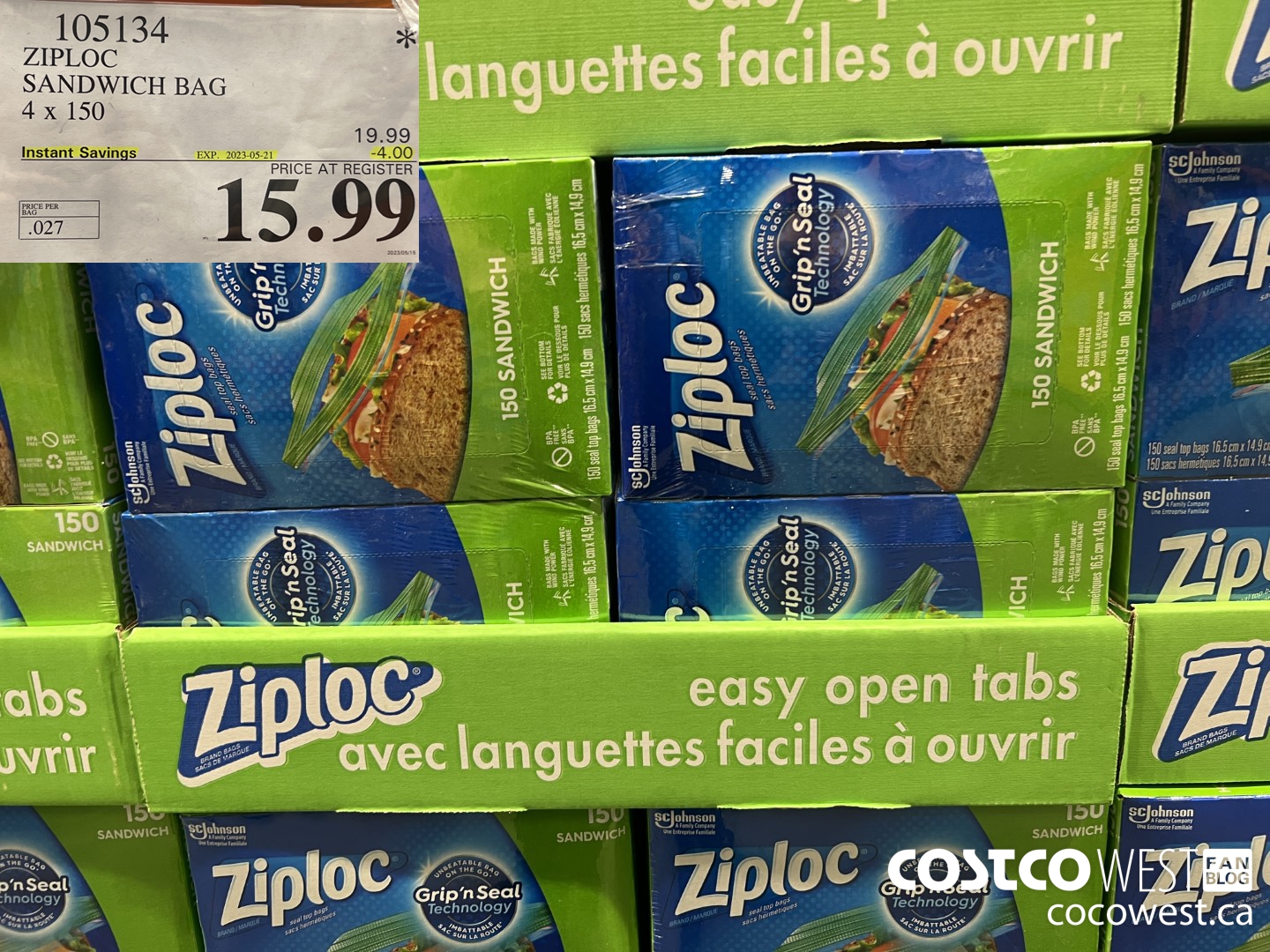 105134 ZIPLOC SANDWICH BAG 4 X 150 ($4.00 INSTANT SAVINGS EXPIRES ON 2023-05-21) $15.99