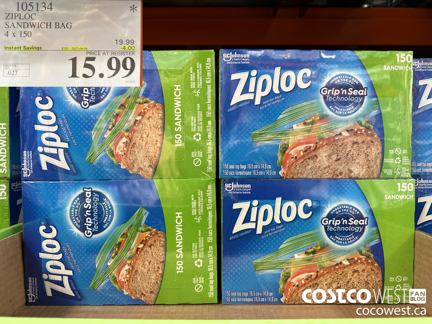 105134 ZIPLOC SANDWICH BAG 4 X 150 ($4.00 INSTANT SAVINGS EXPIRES ON 2023-06-04) $15.99