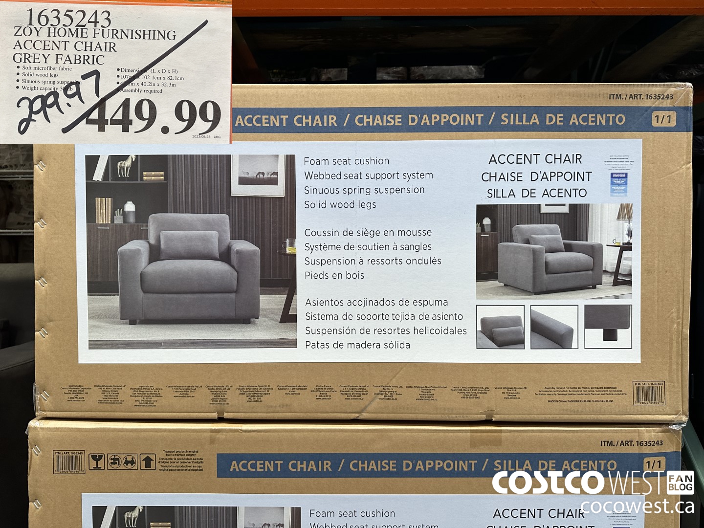 1635243 ZOY HOME FURNISHING ACCENT CHAIR GREY FABRIC $299.97