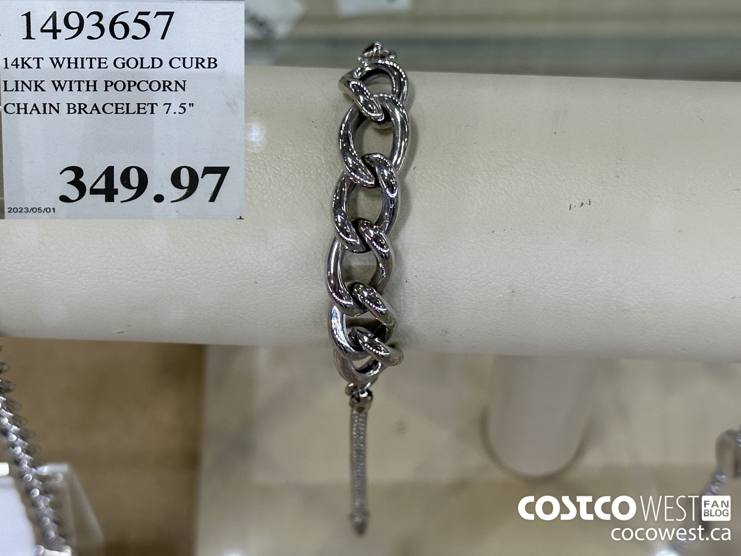 1493657 14KT WHITE GOLD CURB LINK WITH POPCORN CHAIN BRACELET 7.5