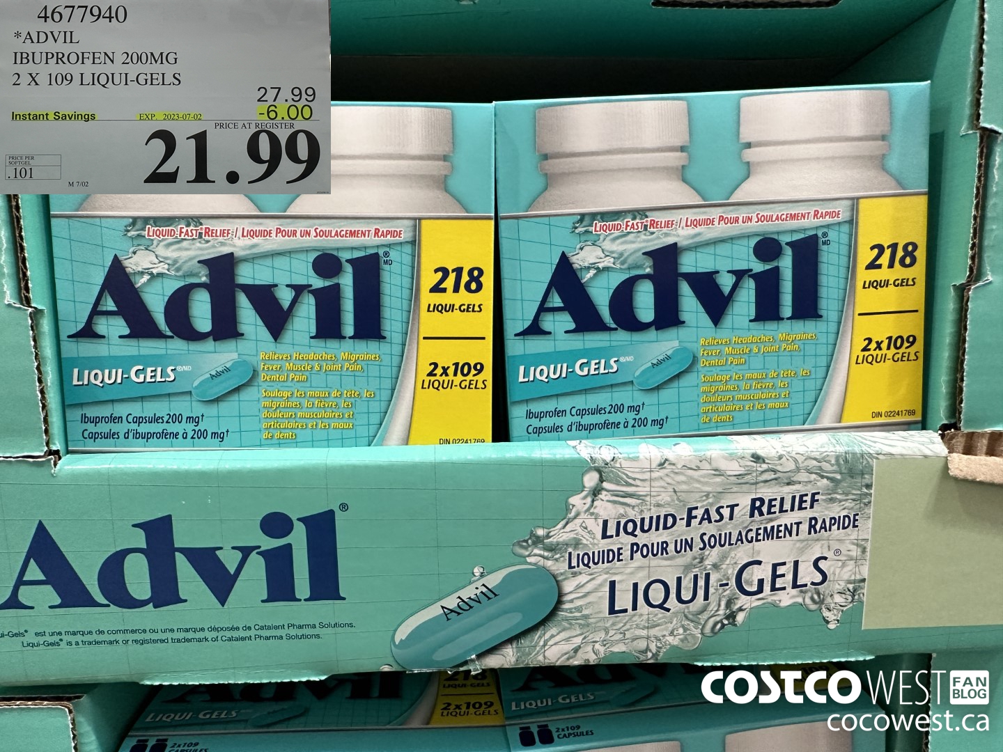 4677940 ADVIL IBUPROFEN 200MG 2 X 109 LIQUI-GELS ($6.00 INSTANT SAVINGS EXPIRES ON 2023-07-02) $21.99
