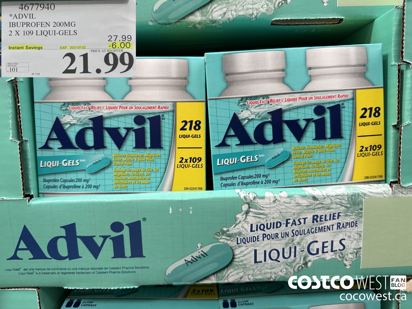 4677940 ADVIL IBUPROFEN 200MG 2 X 109 LIQUI-GELS ($6.00 INSTANT SAVINGS EXPIRES ON 2023-07-02) $21.99
