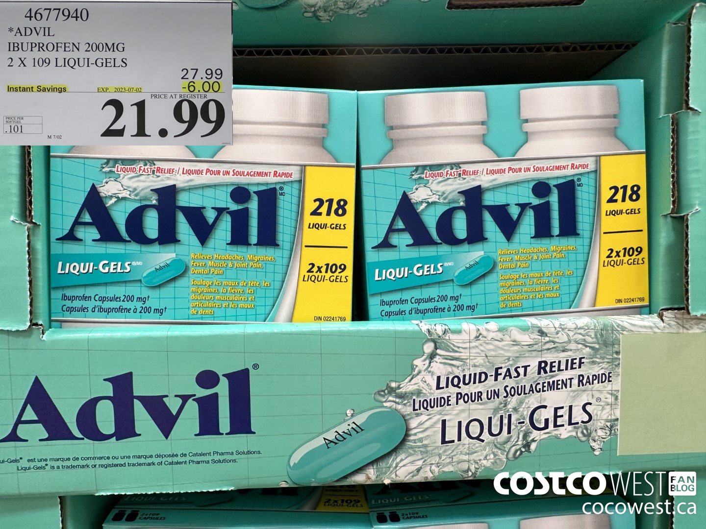 4677940 ADVIL IBUPROFEN 200MG 2 X 109 LIQUI-GELS ($6.00 INSTANT SAVINGS EXPIRES ON 2023-07-02) $21.99