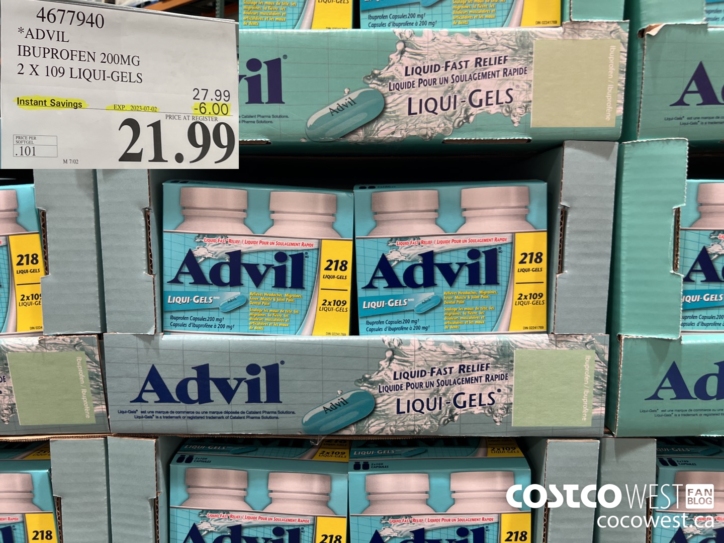 4677940 ADVIL IBUPROFEN 200MG 2 X 109 LIQUI-GELS ($6.00 INSTANT SAVINGS EXPIRES ON 2023-07-02) $21.99