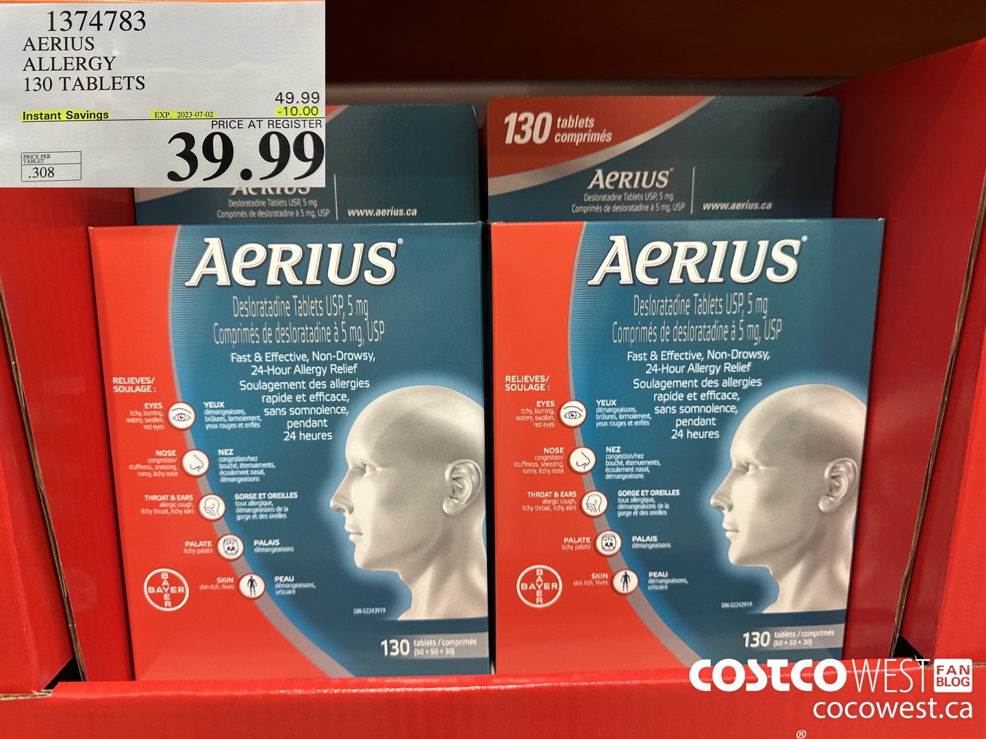 1374783 AERIUS ALLERGY 130 TABLETS ($10.00 INSTANT SAVINGS EXPIRES ON 2023-07-02) $39.99