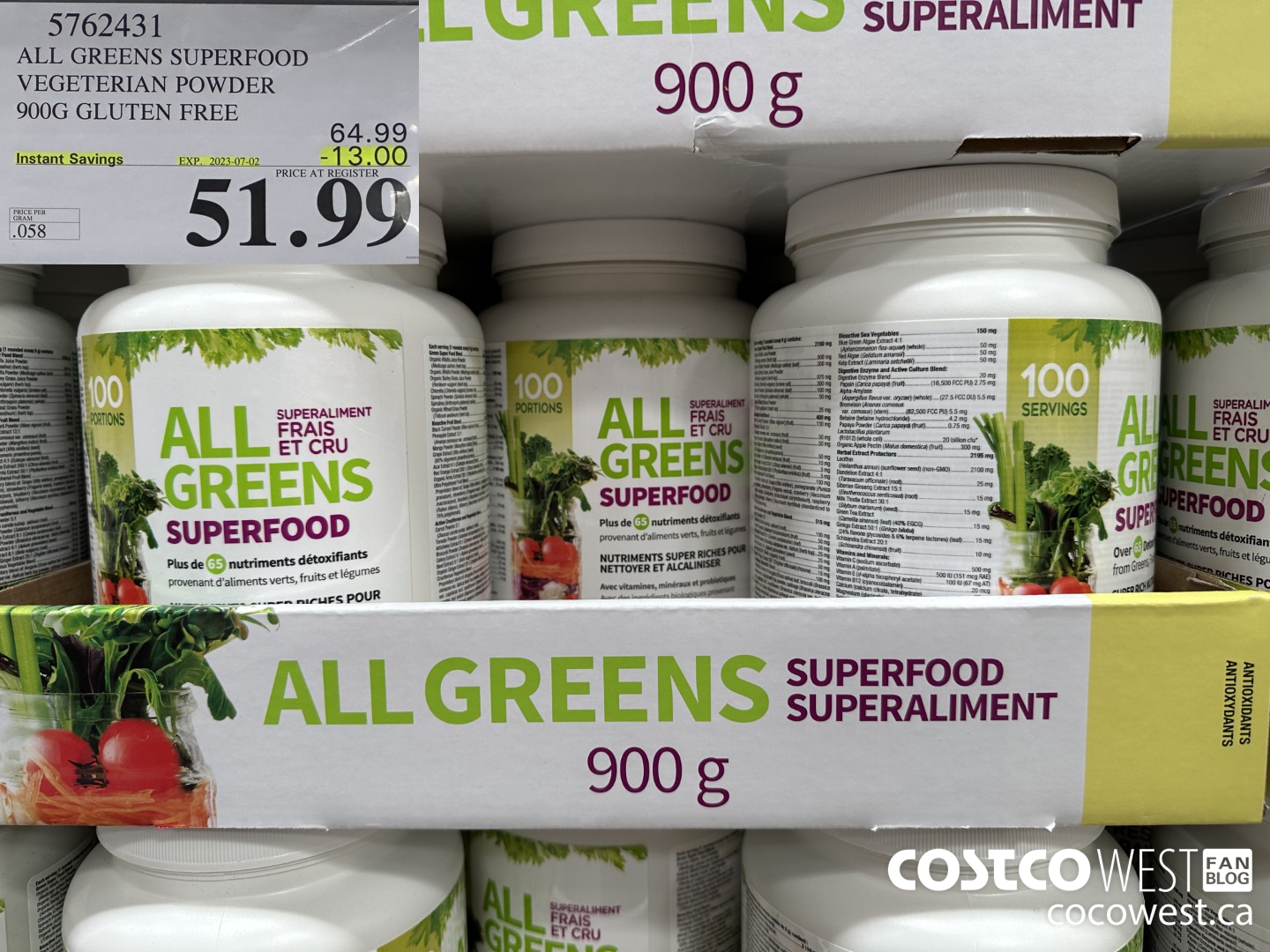 5762431 ALL GREENS SUPERFOOD VEGETERIAN POWDER 900G GLUTEN FREE ($13.00 INSTANT SAVINGS EXPIRES ON 2023-07-02) $51.99