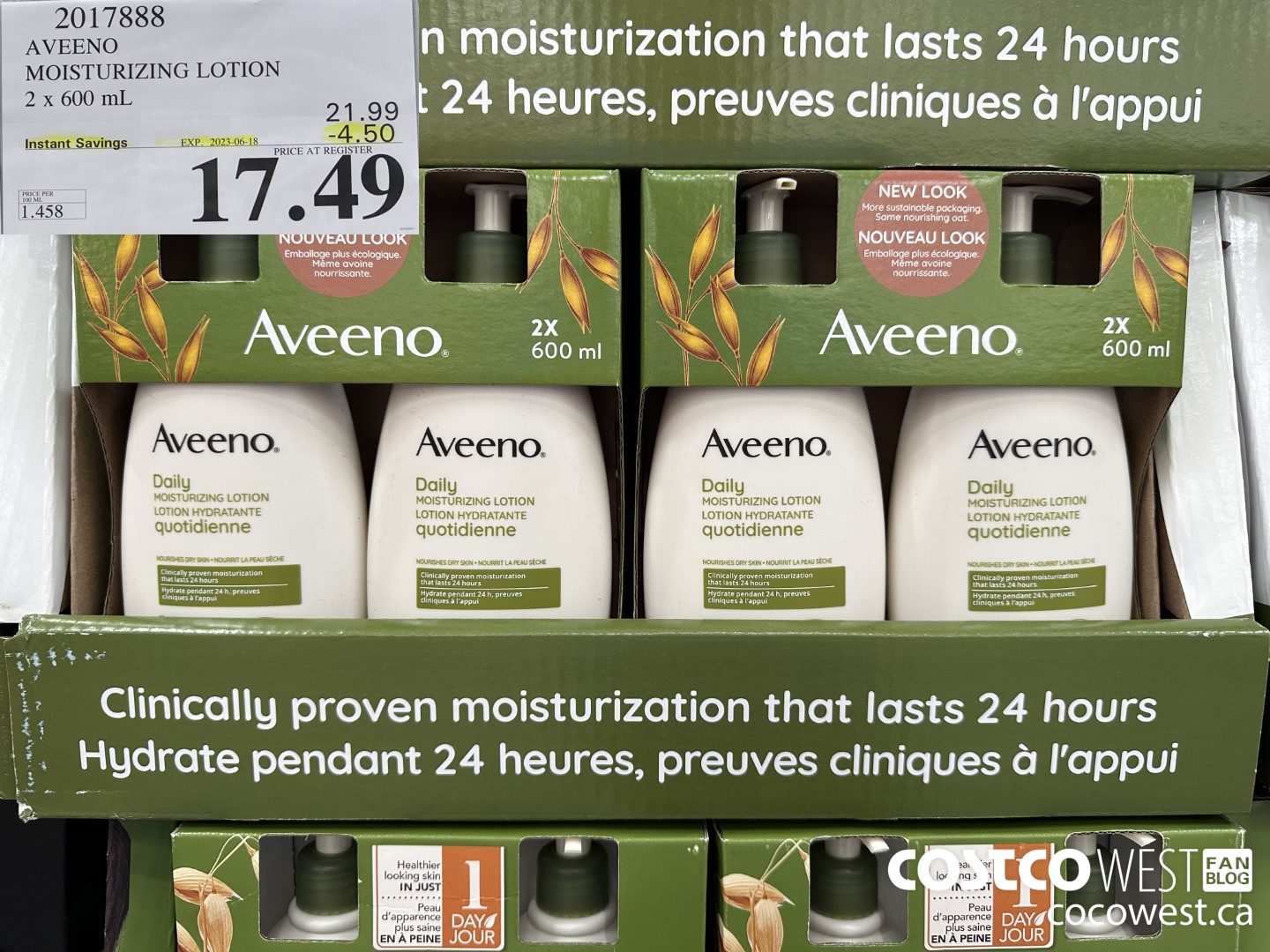 2017888 AVEENO MOISTURIZING LOTION 2 x 600 mL ($4.50 INSTANT SAVINGS EXPIRES ON 2023-06-18) $17.49