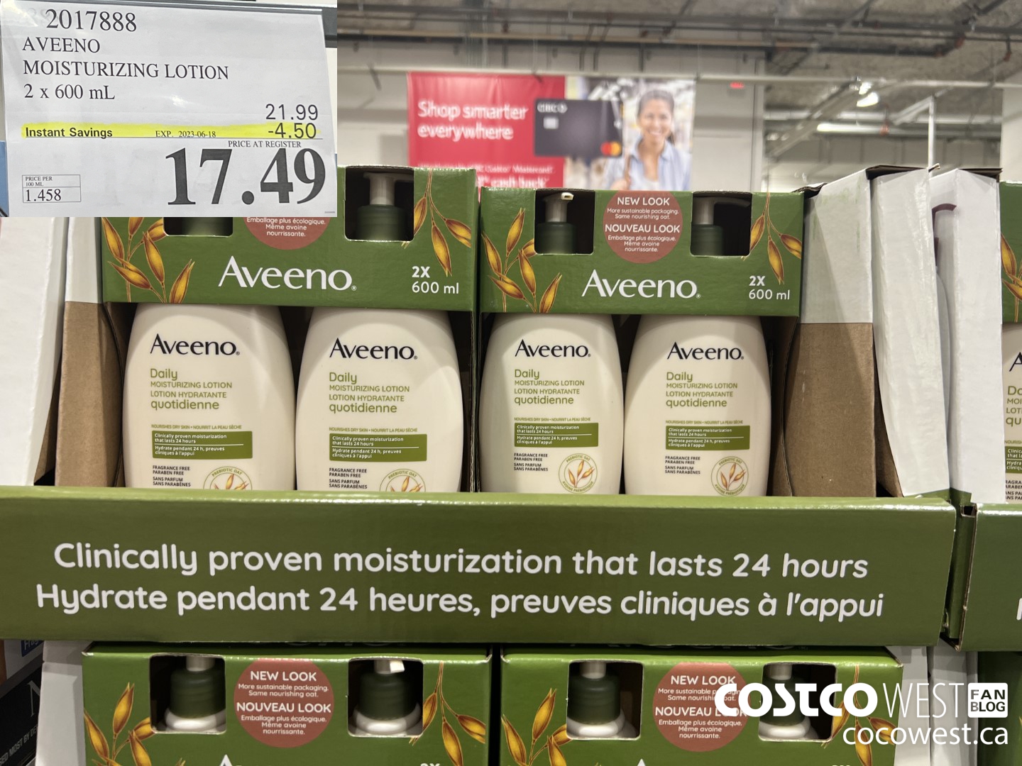 2017888 AVEENO MOISTURIZING LOTION 2 x 600 mL ($4.50 INSTANT SAVINGS EXPIRES ON 2023-06-18) $17.49