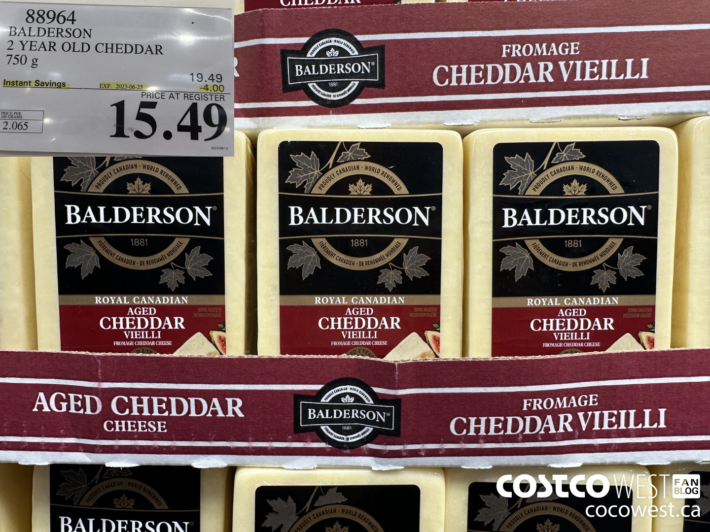 88964 BALDERSON 2 YEAR OLD CHEDDAR 750 g ($4.00 INSTANT SAVINGS EXPIRES ON 2023-06-25) $15.49