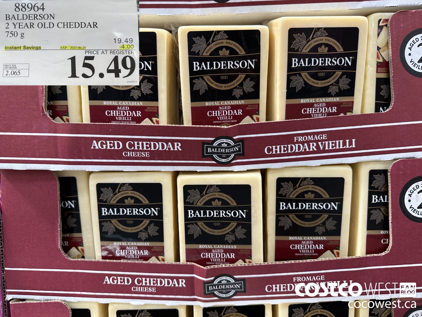 88964 BALDERSON 2 YEAR OLD CHEDDAR 750 g ($4.00 INSTANT SAVINGS EXPIRES ON 2023-06-25) $15.49