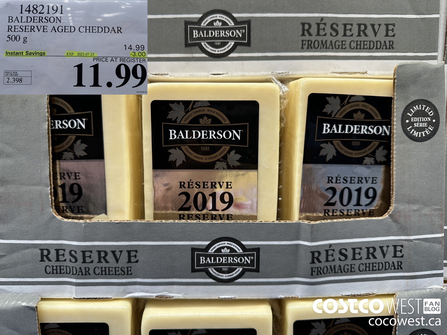 1482191 BALDERSON RESERVE AGED CHEDDAR 500 g ($3.00 INSTANT SAVINGS EXPIRES ON 2023-07-23) $11.99