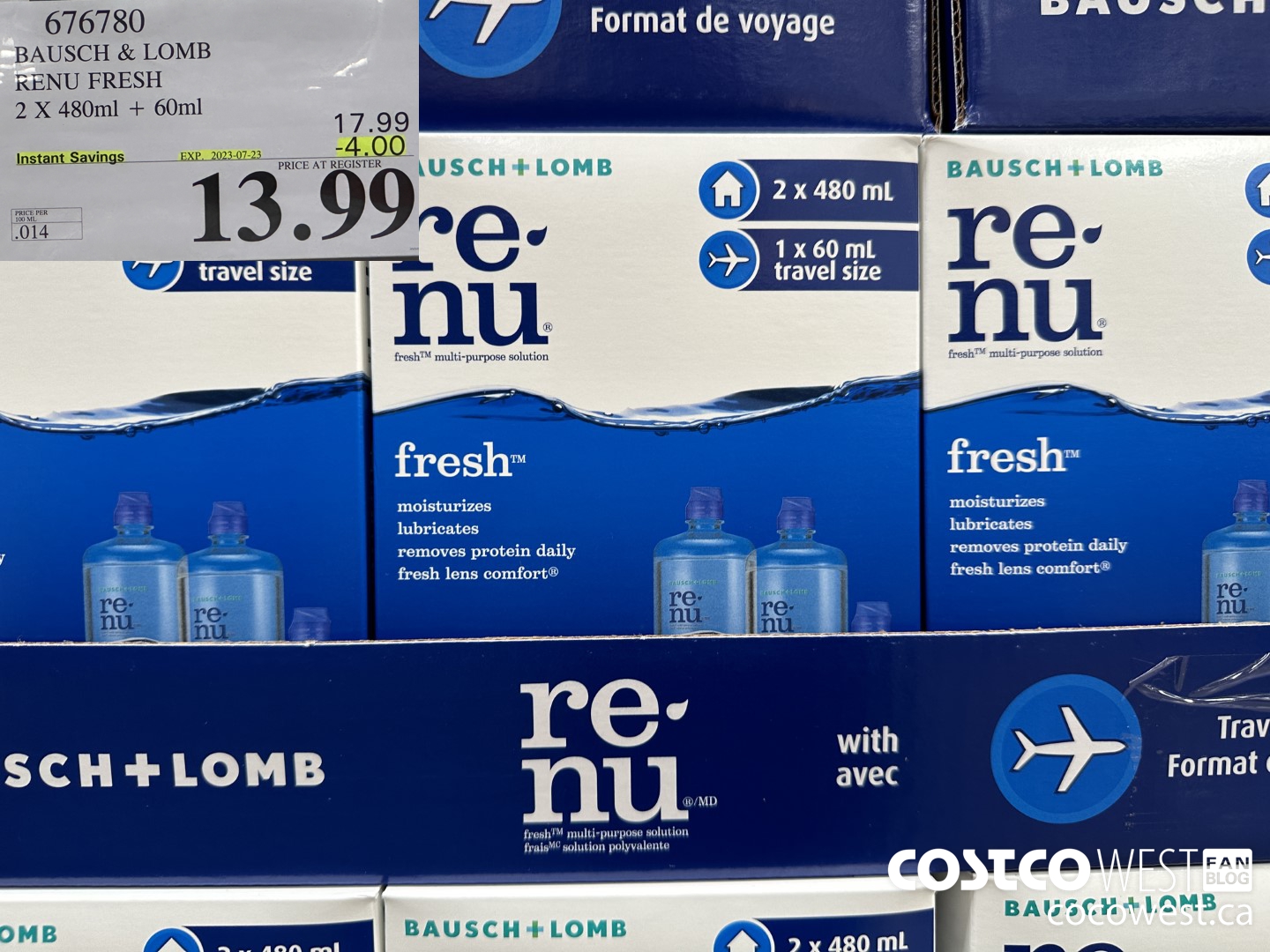 676780 BAUSCH & LOMB RENU FRESH 2 X 480ML + 60ML ($4.00 INSTANT SAVINGS EXPIRES ON 2023-07-23) $13.99