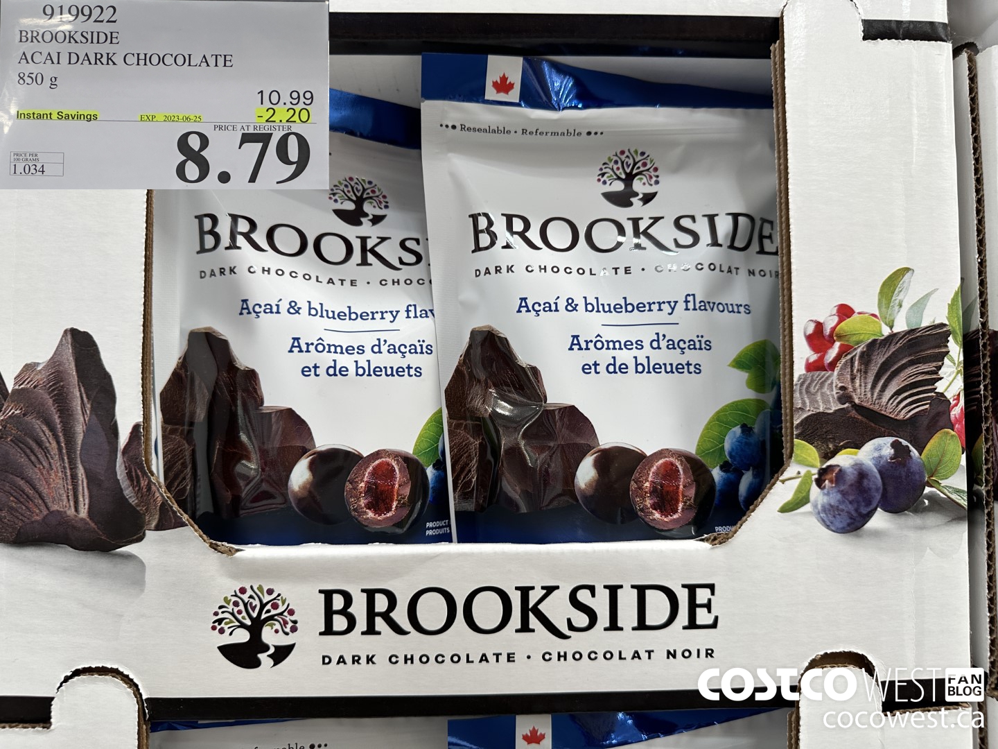 919922 BROOKSIDE ACAI DARK CHOCOLATE 850 g ($2.20 INSTANT SAVINGS EXPIRES ON 2023-06-25) $8.79