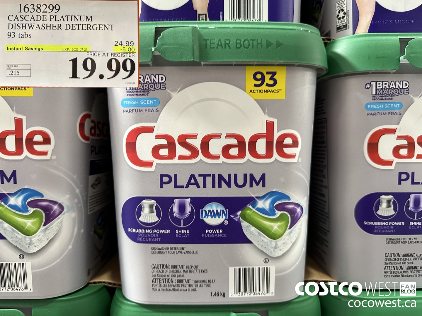 1638299 CASCADE PLATINUM DISHWASHER DETERGENT 93 TABS ($5.00 INSTANT SAVINGS EXPIRES ON 2023-07-23) $19.99