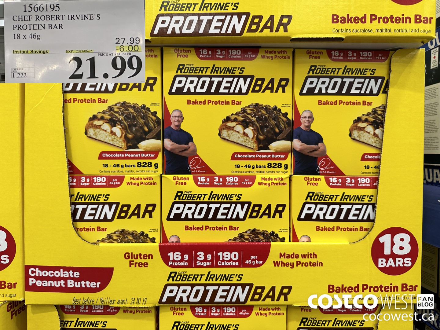 1566195 CHEF ROBERT IRVINE'S PROTEIN BAR 18 X 46G ($6.00 INSTANT SAVINGS EXPIRES ON 2023-06-25) $21.99